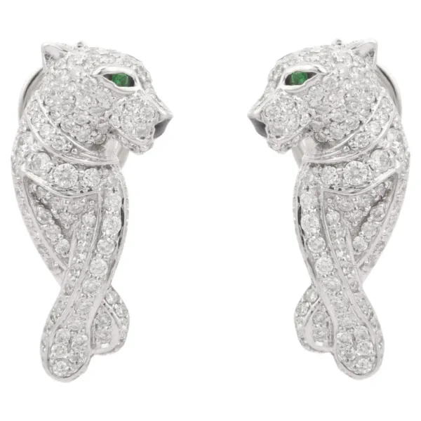 14K White Gold Tsavorite and Diamond Panther Statement Stud Earrings gems trade mart