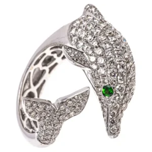 Gold Pave Diamond Dolphin Ring  Emerald Gemstone Eyes in 18K Solid White  Gold Gems Trade Mart GLD-RN117