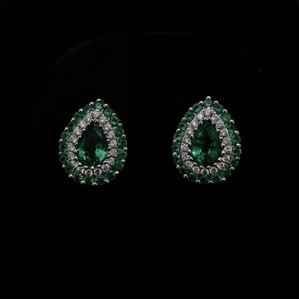 Pear Cut Emerald And Diamond Cluster Earrings