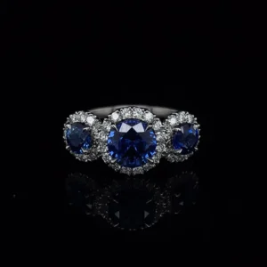 Round Sapphire And Diamond Clusters Three Stone Ring Gems Trade Mart GTM-ENG100