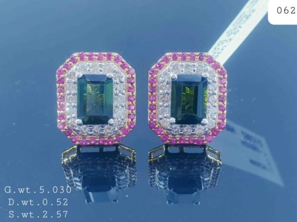 18K Yellow Gold ruby Sapphire, with green tourmaline Diamond Earring