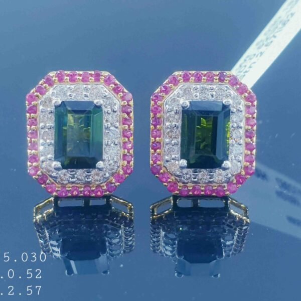 18K Yellow Gold ruby Sapphire, with green tourmaline Diamond Earring